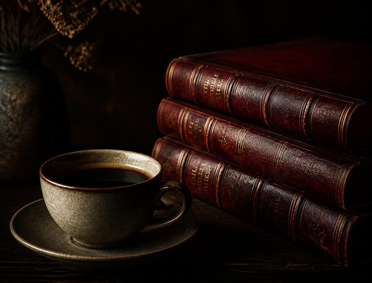 Coffee cup beside a stack of oxblood leather books