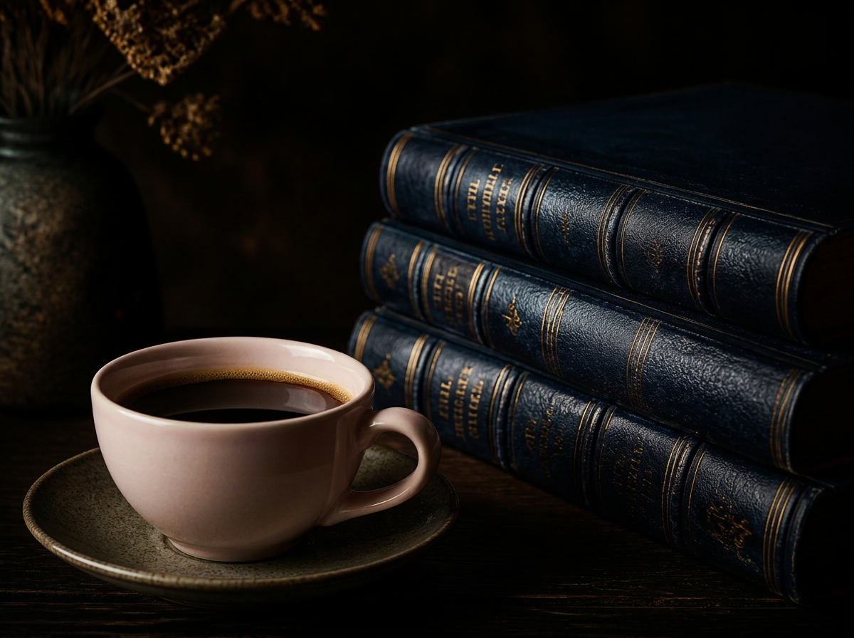 Blush pink coffee cup beside deep navy leather books