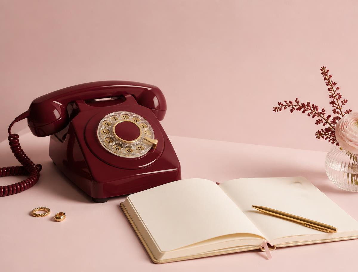 Burgundy rotary telephone beside an open notebook