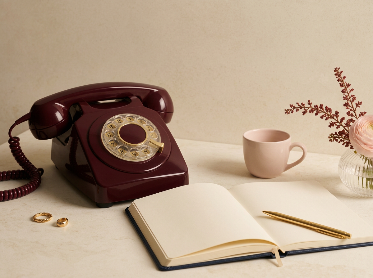 Deep burgundy rotary telephone beside an open navy leather notebook and blush cup